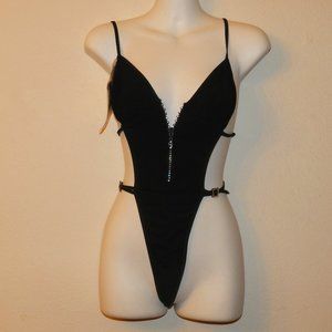 NWT one piece strappy bodysuit lingerie with rhinestone zipper & accents, black